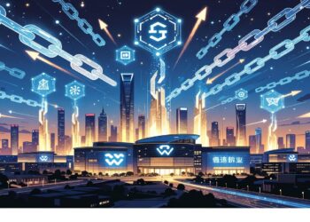 Ciudad futurista con rascacielos iluminados en tonos neón bajo íconos holográficos y cadenas digitales, evocando infraestructura urbana conectada a redes avanzadas de datos.