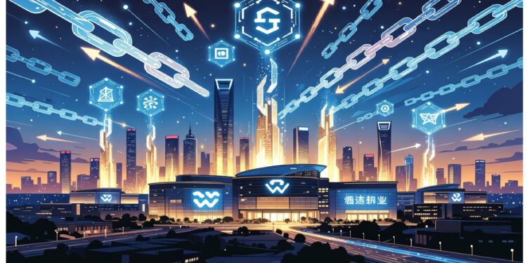 Ciudad futurista con rascacielos iluminados en tonos neón bajo íconos holográficos y cadenas digitales, evocando infraestructura urbana conectada a redes avanzadas de datos.