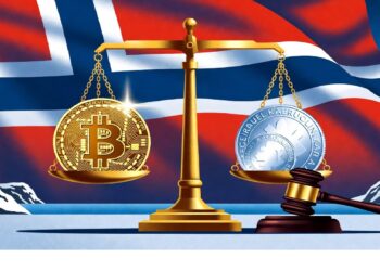 Balanza dorada con Bitcoin y moneda tradicional sobre mazo judicial frente a bandera noruega, evocando equilibrio entre regulación nacional y comparación de sistemas financieros.