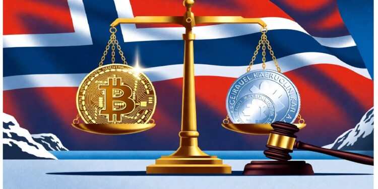 Balanza dorada con Bitcoin y moneda tradicional sobre mazo judicial frente a bandera noruega, evocando equilibrio entre regulación nacional y comparación de sistemas financieros.
