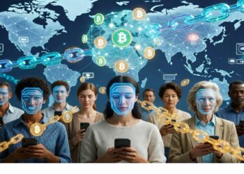 Personas con móviles frente a mapa digital y máscaras azules mientras cadenas y símbolo de Bitcoin brillan arriba, evocando conexión global entre identidad digital y redes cripto.
