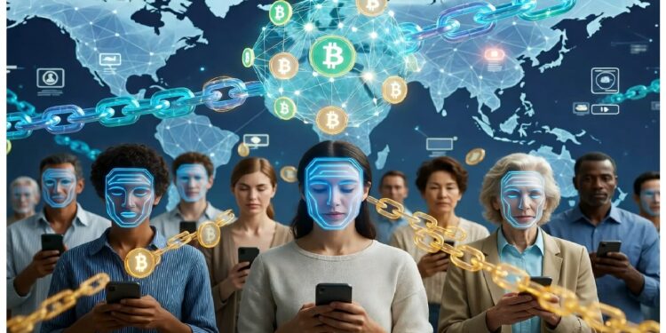 Personas con móviles frente a mapa digital y máscaras azules mientras cadenas y símbolo de Bitcoin brillan arriba, evocando conexión global entre identidad digital y redes cripto.