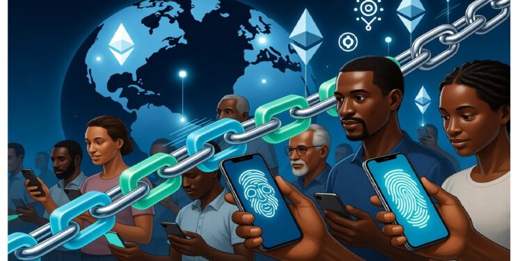 Personas sosteniendo móviles con huellas digitales sobre cadena horizontal y globo con nodos brillantes, junto a logos de Ethereum que evocan identidad digital segura y blockchain global.