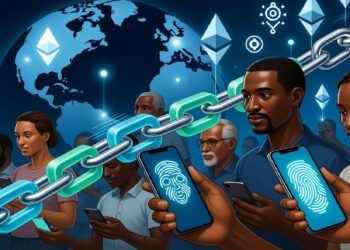 Personas sosteniendo móviles con huellas digitales sobre cadena horizontal y globo con nodos brillantes, junto a logos de Ethereum que evocan identidad digital segura y blockchain global.