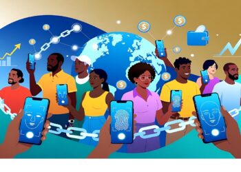 Personas sostienen móviles con biometría frente a globo rodeado de íconos cripto, cadenas y gráficas ascendentes, evocando identidad digital y finanzas conectadas globalmente.