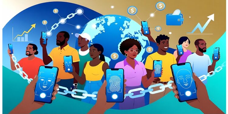 Personas sostienen móviles con biometría frente a globo rodeado de íconos cripto, cadenas y gráficas ascendentes, evocando identidad digital y finanzas conectadas globalmente.