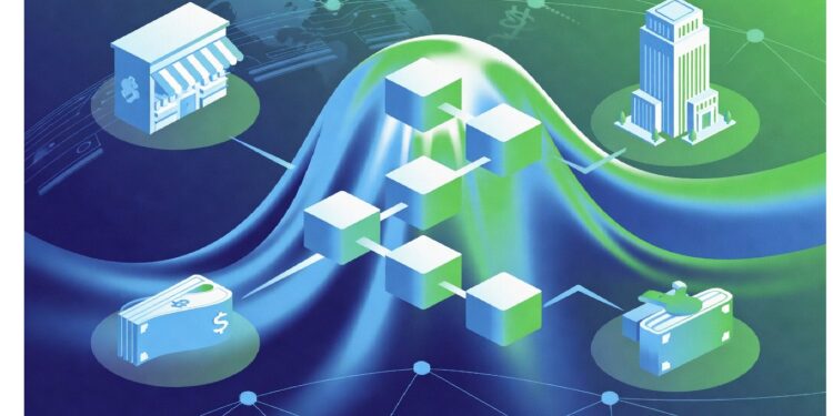 Cadena de cubos brillantes al centro rodeada por iconos de tienda, edificio, billetera y billete, evocando cómo la tecnología blockchain conecta comercio, finanzas y servicios digitales.