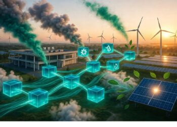 Cubos azules conectados con iconos de energía frente a turbinas eólicas y paneles solares al atardecer, evocando integración digital y sistemas sostenibles interconectados.