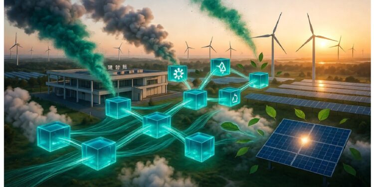 Cubos azules conectados con iconos de energía frente a turbinas eólicas y paneles solares al atardecer, evocando integración digital y sistemas sostenibles interconectados.