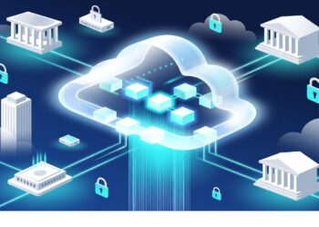 Nube luminosa con cubos internos conectada por líneas azules a edificios institucionales con candados, evocando intercambio seguro de datos y servicios en infraestructura digital.