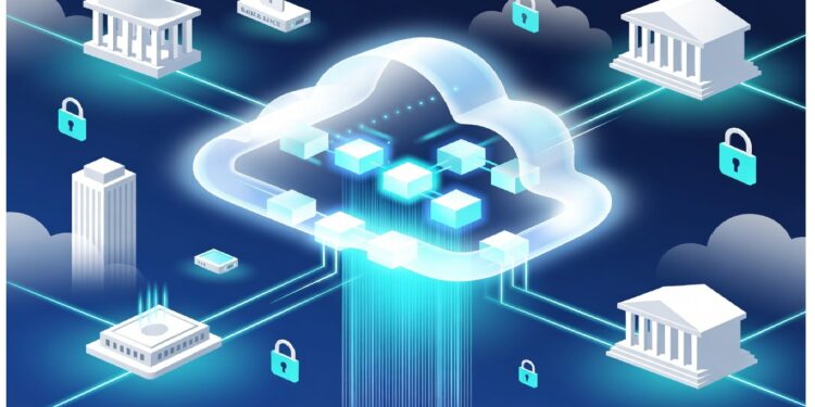 Nube luminosa con cubos internos conectada por líneas azules a edificios institucionales con candados, evocando intercambio seguro de datos y servicios en infraestructura digital.