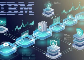 Logo de IBM junto a cadena de bloques con íconos de dólar, escudos y gráficos sobre fondo de datos, aludiendo a gestión financiera segura y análisis en entornos tecnológicos.