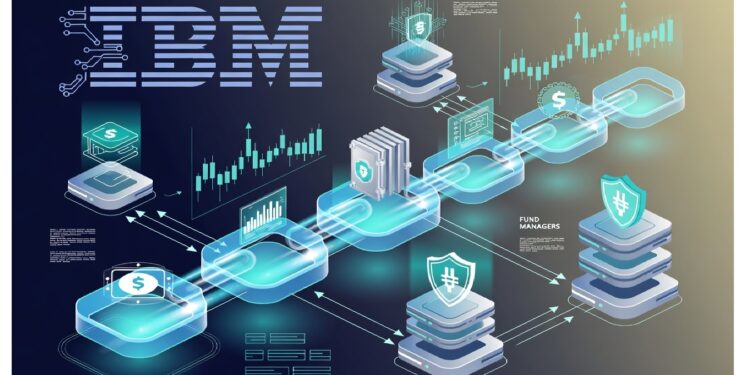 Logo de IBM junto a cadena de bloques con íconos de dólar, escudos y gráficos sobre fondo de datos, aludiendo a gestión financiera segura y análisis en entornos tecnológicos.