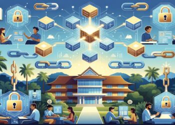 Campus con edificio académico y palmeras bajo símbolos digitales de cubos, cadenas y candados, mientras grupos trabajan en computadoras, evocando educación conectada a redes seguras.