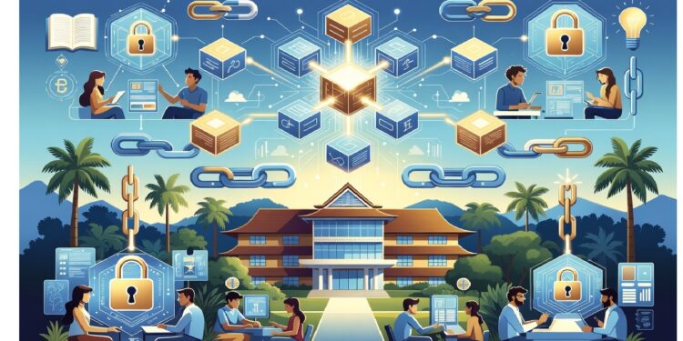 Campus con edificio académico y palmeras bajo símbolos digitales de cubos, cadenas y candados, mientras grupos trabajan en computadoras, evocando educación conectada a redes seguras.