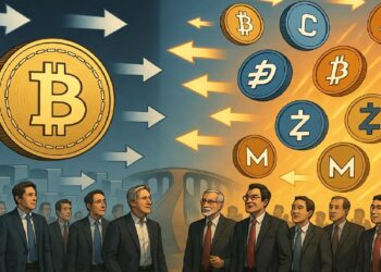 Grupo formal bajo Bitcoin central con flechas salientes frente a símbolos de otras criptos conectados por puente urbano, evocando transición del mercado hacia monedas alternativas.