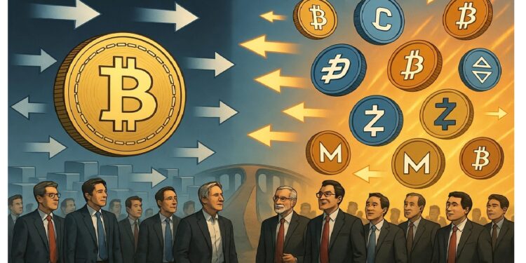 Grupo formal bajo Bitcoin central con flechas salientes frente a símbolos de otras criptos conectados por puente urbano, evocando transición del mercado hacia monedas alternativas.