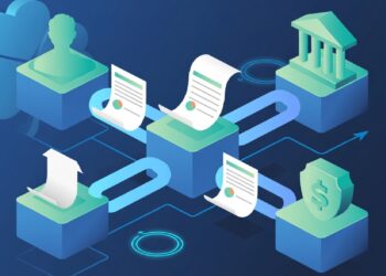 Bloques 3D conectados por líneas y flechas con iconos de nube, persona, edificio, escudo y documentos, evocando intercambio seguro de datos entre entidades en redes digitales.