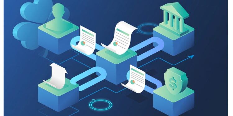 Bloques 3D conectados por líneas y flechas con iconos de nube, persona, edificio, escudo y documentos, evocando intercambio seguro de datos entre entidades en redes digitales.