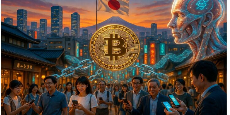 Escena urbana con edificios tradicionales y personas usando móviles bajo gran símbolo de Bitcoin y figura luminosa, evocando cruce entre cultura local, tecnología digital y redes cripto.