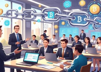Profesionales en aula moderna con laptops mientras dos exponen bajo cadena digital con símbolos cripto, evocando formación corporativa sobre blockchain y finanzas descentralizadas.