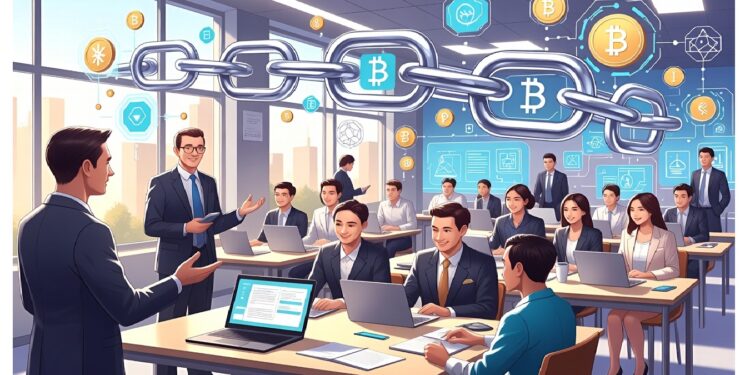 Profesionales en aula moderna con laptops mientras dos exponen bajo cadena digital con símbolos cripto, evocando formación corporativa sobre blockchain y finanzas descentralizadas.