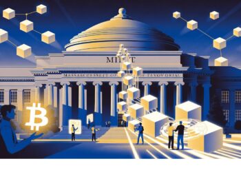 Edificio del MIT con cúpula clásica frente a figuras que interactúan con cubos y cadenas digitales mientras una persona sostiene Bitcoin, evocando cruce entre academia y tecnología blockchain.