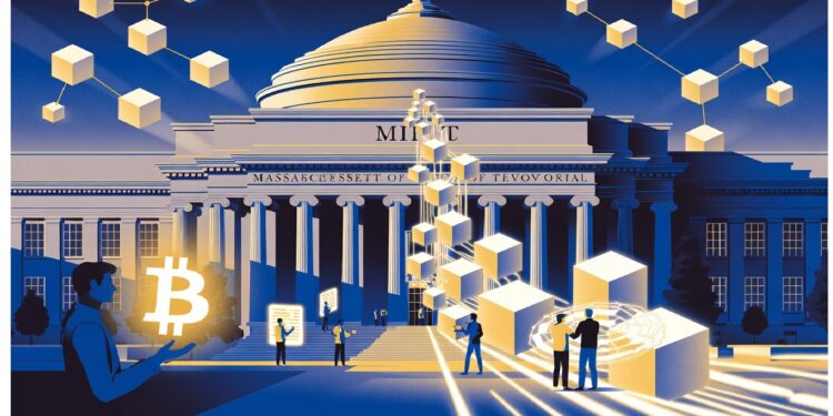 Edificio del MIT con cúpula clásica frente a figuras que interactúan con cubos y cadenas digitales mientras una persona sostiene Bitcoin, evocando cruce entre academia y tecnología blockchain.