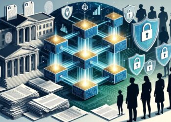Cubo central conectado por cadenas brillantes rodeado de edificio institucional, documentos y siluetas con escudos, evocando gestión segura de datos y transacciones en redes digitales.