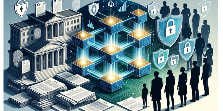 Cubo central conectado por cadenas brillantes rodeado de edificio institucional, documentos y siluetas con escudos, evocando gestión segura de datos y transacciones en redes digitales.
