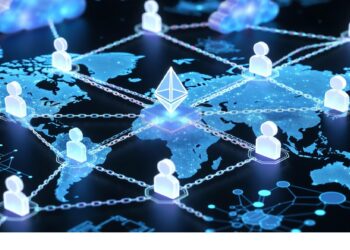 Logo de Ethereum centrado sobre mapa mundial con iconos humanos conectados por cadenas y nubes digitales, evocando red global descentralizada y comunicación en ecosistemas blockchain.