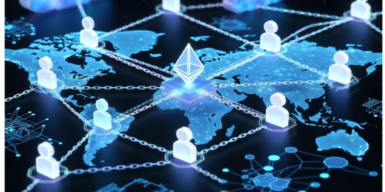 Logo de Ethereum centrado sobre mapa mundial con iconos humanos conectados por cadenas y nubes digitales, evocando red global descentralizada y comunicación en ecosistemas blockchain.
