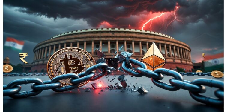 Edificio institucional bajo cielo tormentoso con cadena metálica rompiéndose y símbolos de Bitcoin y Ethereum separados, evocando tensión entre cripto, regulación y sistemas financieros.