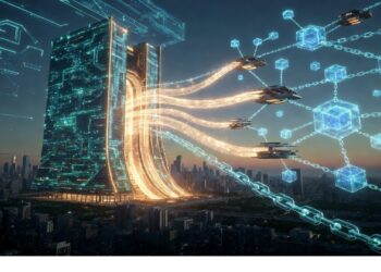 Edificio futurista irradiando líneas digitales hacia drones, cubos y cadenas luminosas sobre ciudad al anochecer, evocando infraestructura avanzada y flujos de datos en red.