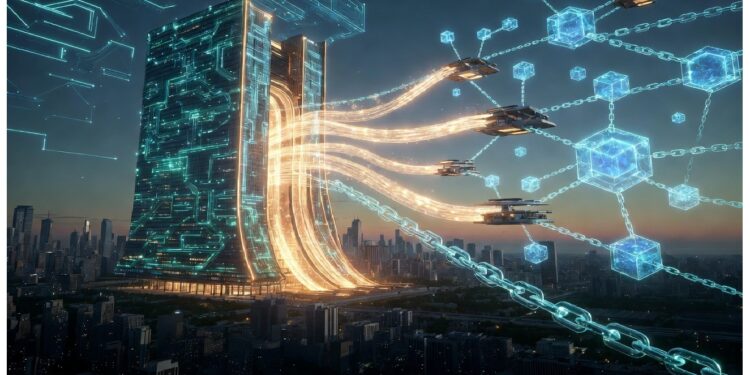 Edificio futurista irradiando líneas digitales hacia drones, cubos y cadenas luminosas sobre ciudad al anochecer, evocando infraestructura avanzada y flujos de datos en red.
