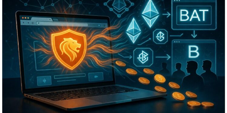 Portátil con escudo naranja de león emitiendo energía, rodeado de iconos cripto y monedas doradas que fluyen hacia figuras, evocando seguridad digital y transacciones en ecosistemas blockchain.