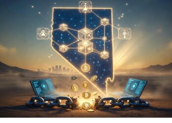 Contorno luminoso de Nevada con nodos blockchain y símbolos Bitcoin, dos portátiles unidos por cadenas rotas y monedas emergiendo, evocando innovación cripto y descentralización.