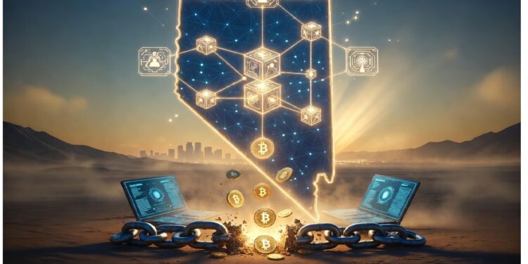 Contorno luminoso de Nevada con nodos blockchain y símbolos Bitcoin, dos portátiles unidos por cadenas rotas y monedas emergiendo, evocando innovación cripto y descentralización.