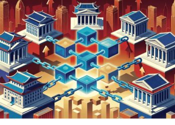 Edificios bancarios clásicos conectados por cubos y cadenas luminosas ante rascacielos y flechas ascendentes, evocando integración de blockchain en sistemas financieros tradicionales.
