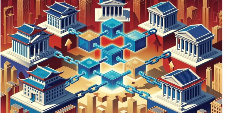 Edificios bancarios clásicos conectados por cubos y cadenas luminosas ante rascacielos y flechas ascendentes, evocando integración de blockchain en sistemas financieros tradicionales.