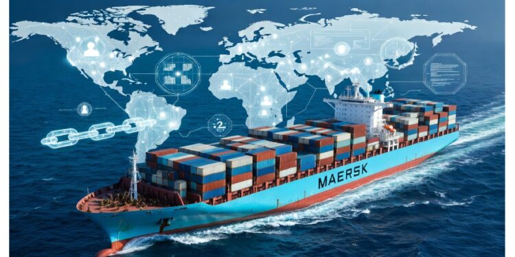 Buque portacontenedores de Maersk avanzando en mar abierto bajo mapa digital semitransparente con iconos conectados, evocando logística global y redes modernas de comercio marítimo.