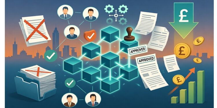 Cubos brillantes conectados con documentos aprobados, engranajes, avatares y símbolos de libra junto a gráfico ascendente, evocando automatización financiera y flujos digitales.