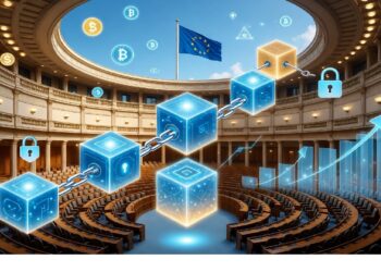 Cámara parlamentaria circular con bandera de la UE y gráficos de cubos blockchain, cadenas y Bitcoin superpuestos, evocando integración tecnológica en procesos de gobernanza.
