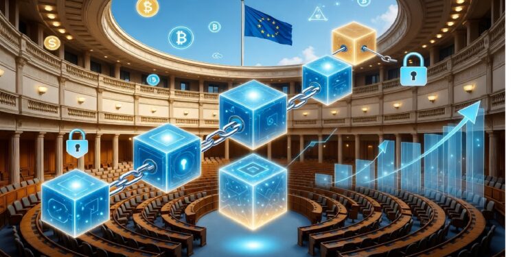 Cámara parlamentaria circular con bandera de la UE y gráficos de cubos blockchain, cadenas y Bitcoin superpuestos, evocando integración tecnológica en procesos de gobernanza.