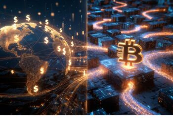 Mitad con Tierra luminosa y signos de dólar conectados; mitad con ciudad futurista y rutas naranjas hacia gran símbolo de Bitcoin, evocando contraste entre finanzas tradicionales y cripto.