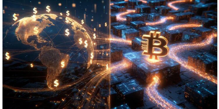 Mitad con Tierra luminosa y signos de dólar conectados; mitad con ciudad futurista y rutas naranjas hacia gran símbolo de Bitcoin, evocando contraste entre finanzas tradicionales y cripto.