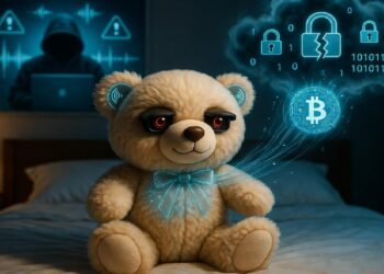 Osito de peluche con ojos rojos y lazo digital azul emitiendo códigos y símbolos de Bitcoin, mientras figura encapuchada usa laptop entre alertas luminosas de ciberataque.