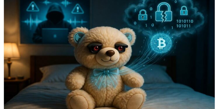 Osito de peluche con ojos rojos y lazo digital azul emitiendo cรณdigos y sรญmbolos de Bitcoin, mientras figura encapuchada usa laptop entre alertas luminosas de ciberataque.