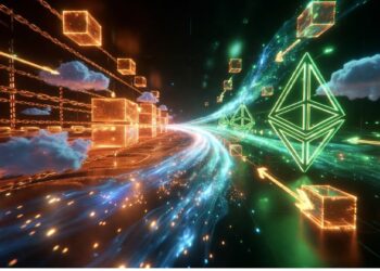 Escena digital con cubos naranjas conectados y grandes símbolos verdes de Ethereum junto a flujos azules y nubes, evocando redes blockchain y transferencia dinámica de datos.