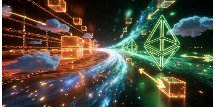 Escena digital con cubos naranjas conectados y grandes símbolos verdes de Ethereum junto a flujos azules y nubes, evocando redes blockchain y transferencia dinámica de datos.